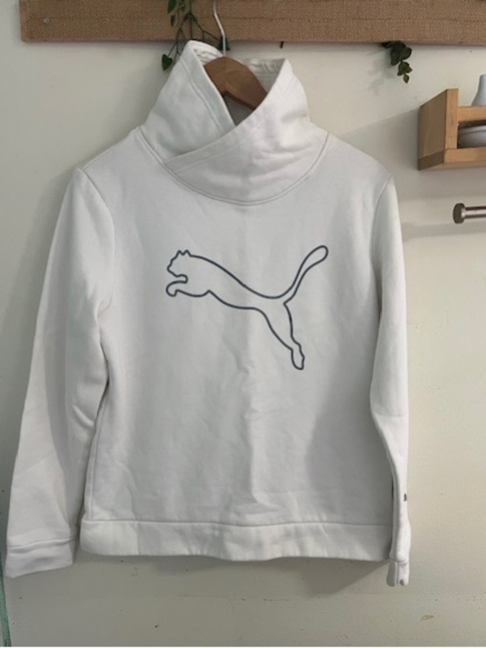 Puma White Funnel Neck Sweatshirt with grey Outline Logo